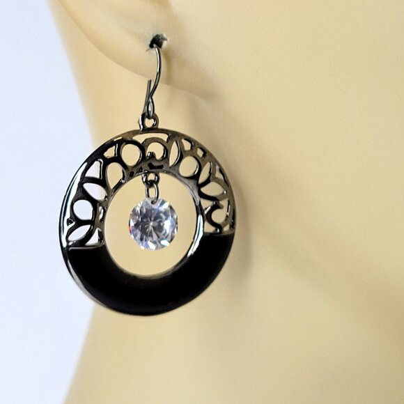 Black Filigree Round Earrings Black and Silver tone Dangle Earrings - Picture 5 of 11